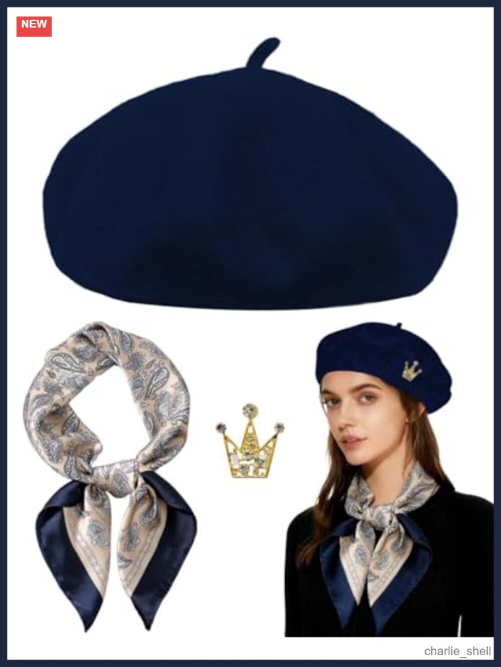 Wool French Beret Hat Set with Silky Scarf & Brooch